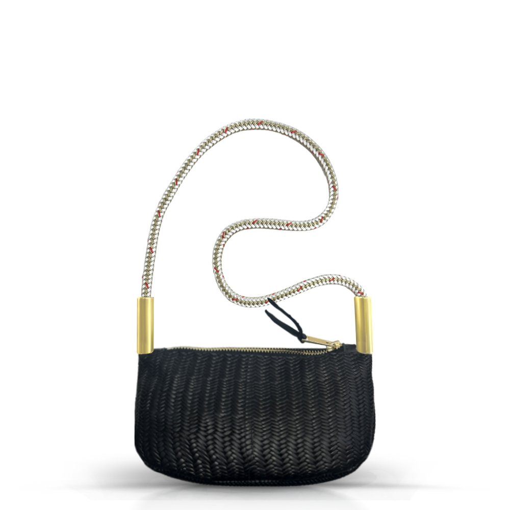 Zip Crossbody in Black Basketweave Leather