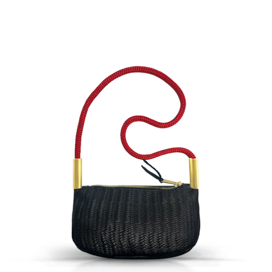 Zip Crossbody in Black Basketweave Leather