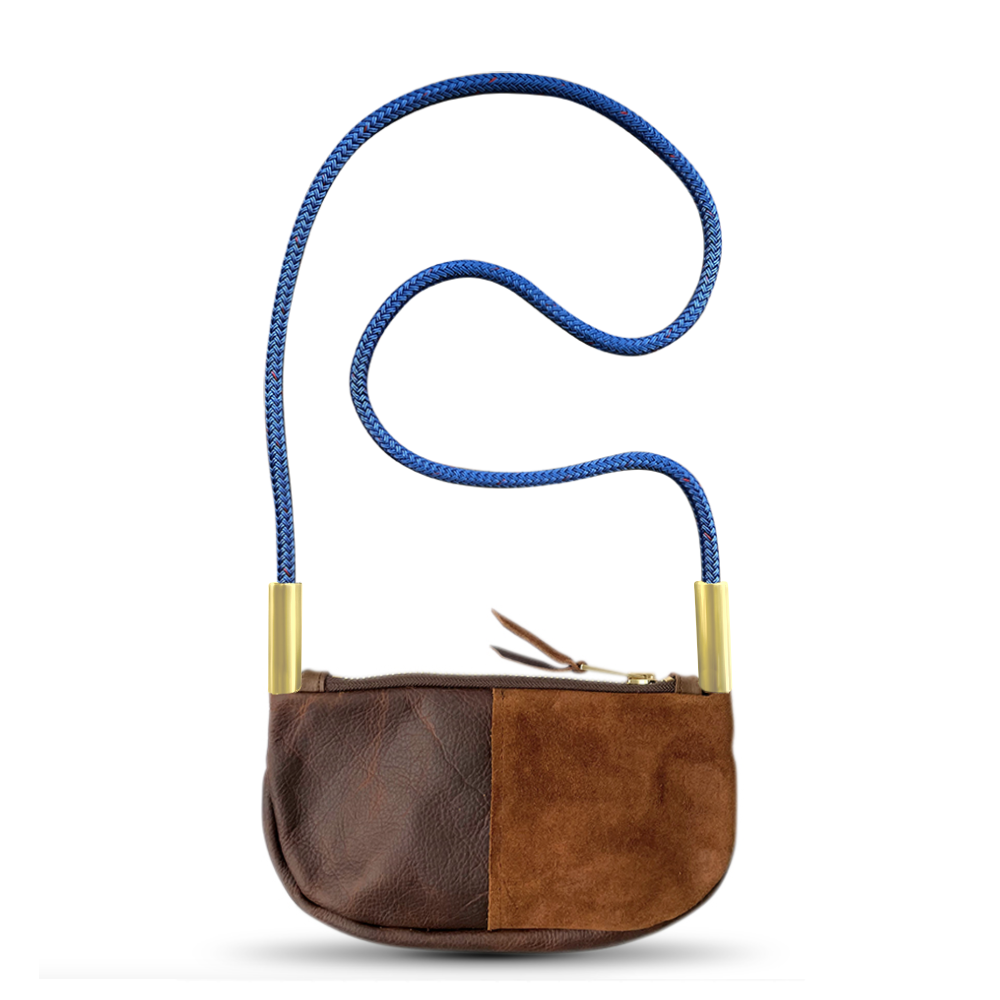 brown leather zip crossbody bag with harborside blue dock line