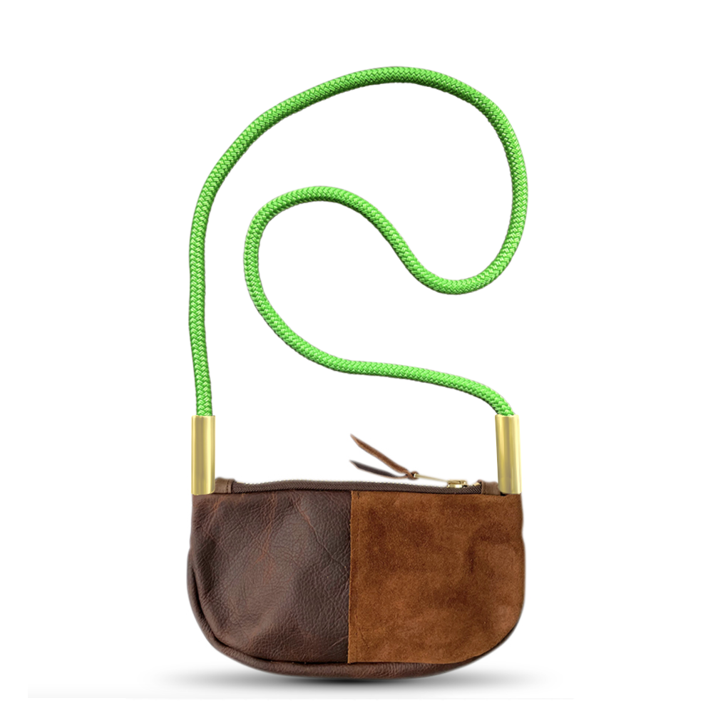 brown leather zip crossbody bag with neon green dock line