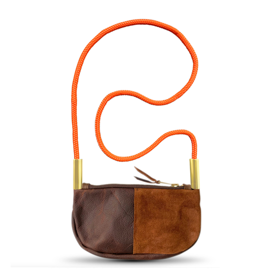Load image into Gallery viewer, brown leather zip crossbody bag with neon orange dock line
