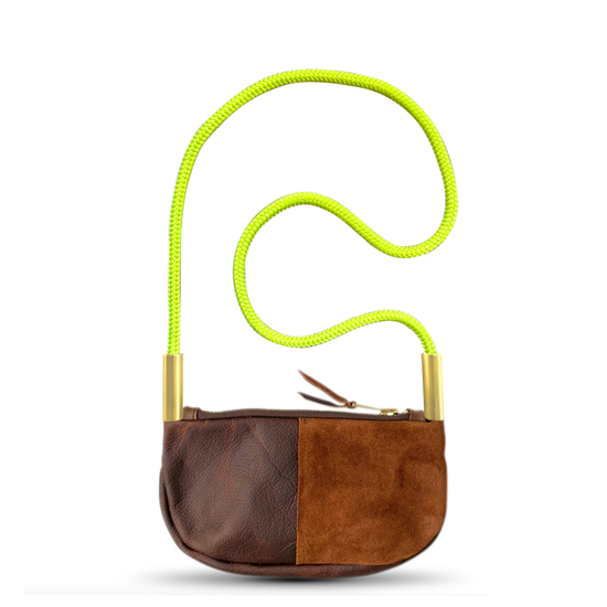 brown leather zip crossbody bag with neon yellow dock line