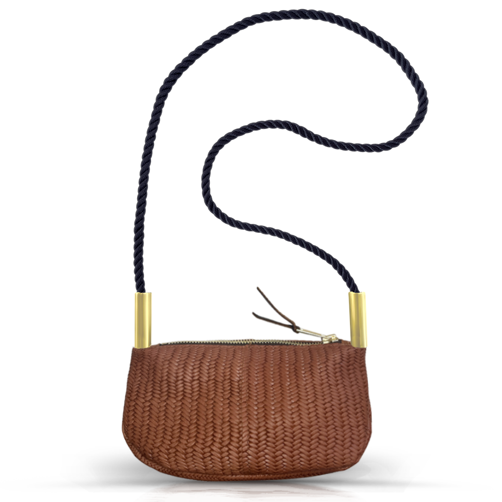 brown basketweave leather zip crossbody bag with black dock line handle