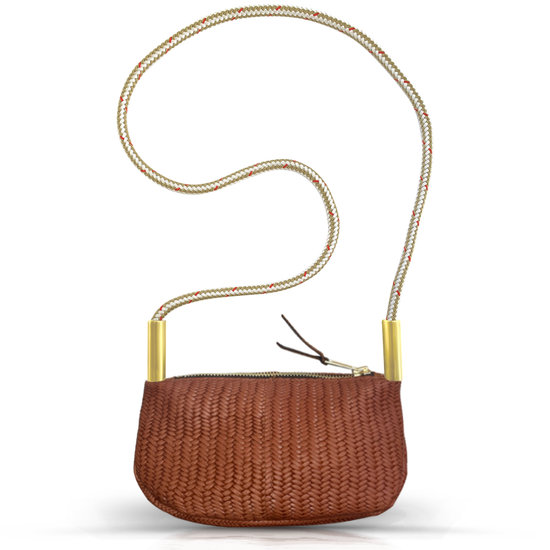 brown basketweave leather zip crossbody bag with gold dock line handle
