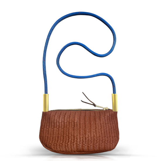 brown basketweave leather zip crossbody bag with harborside blue dock line handle