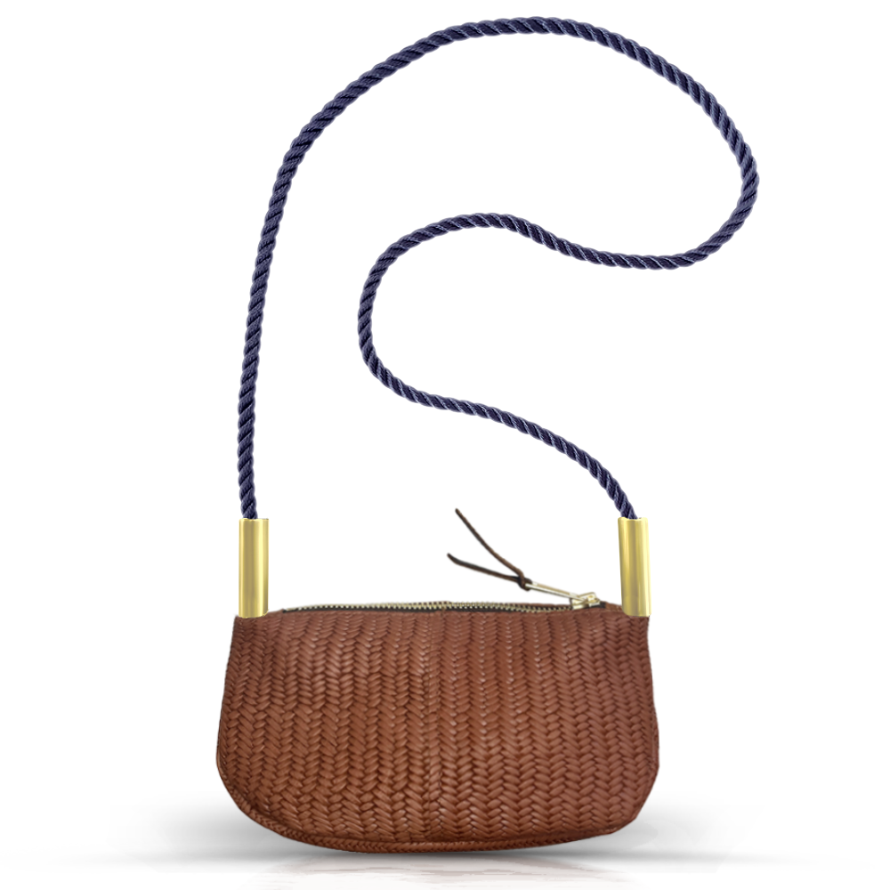 brown basketweave leather zip crossbody bag with navy dock line handle