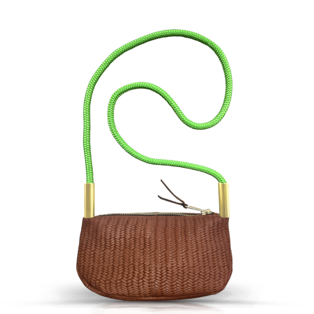 brown basketweave leather zip crossbody bag with neon green dock line handle