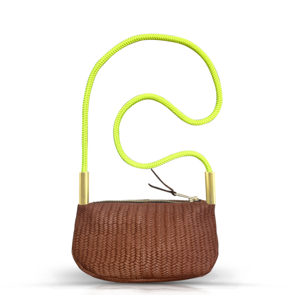 brown basketweave leather zip crossbody bag with neon yellow dock line handle