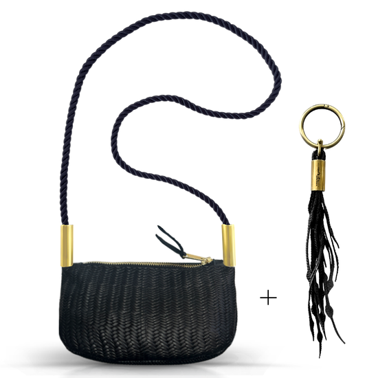 Zip Crossbody in Black Basketweave Leather