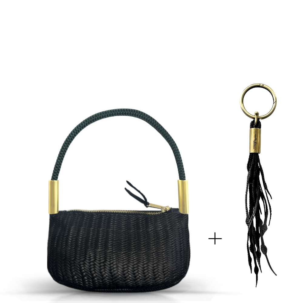 Zip Crossbody in Black Basketweave Leather