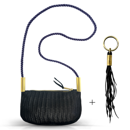 Zip Crossbody in Black Basketweave Leather