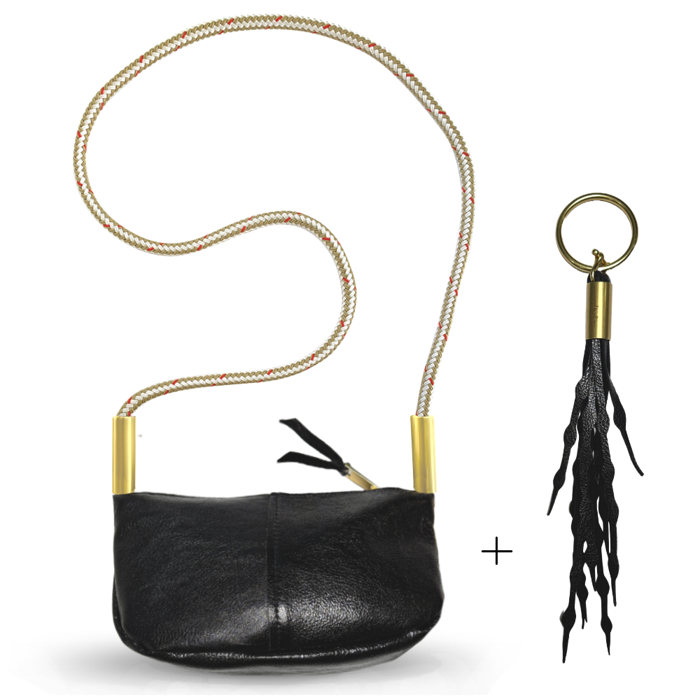 Zip Crossbody in Black Metallic Leather