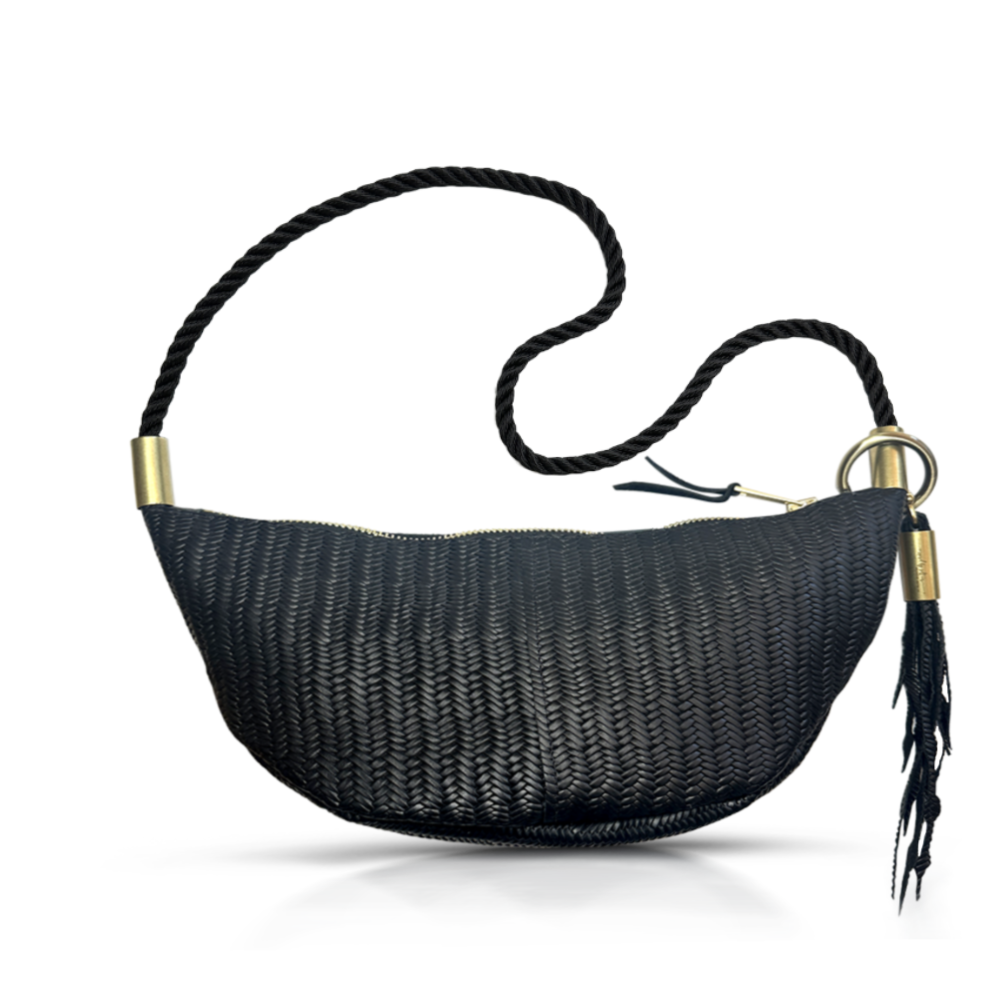 Sling Bag in Black Basketweave Leather