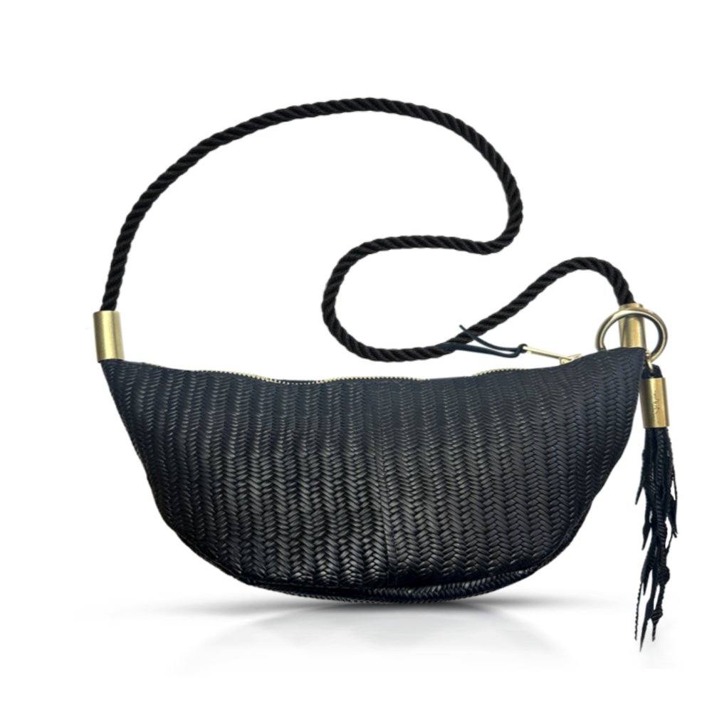 Sling Bag in Black Basketweave Leather