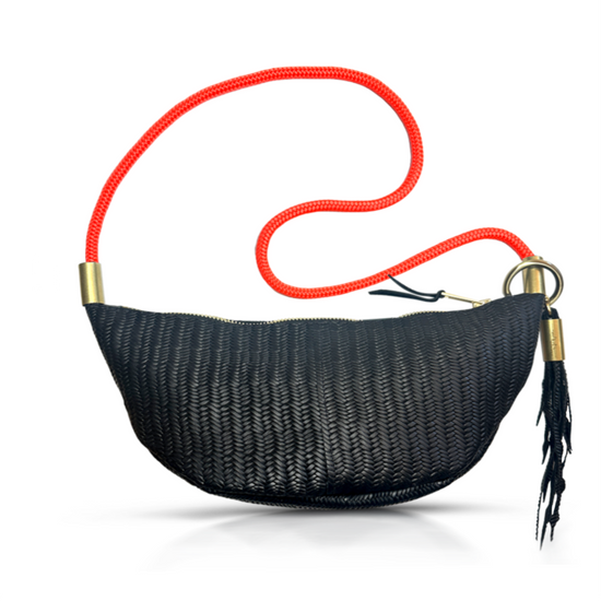 Sling Bag in Black Basketweave Leather