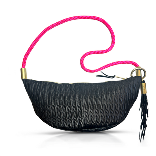 Sling Bag in Black Basketweave Leather