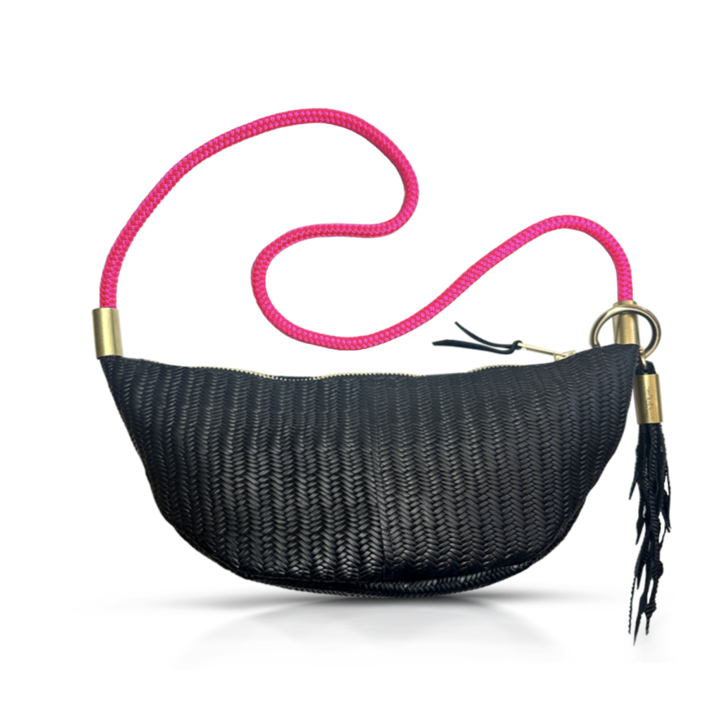 Sling Bag in Black Basketweave Leather