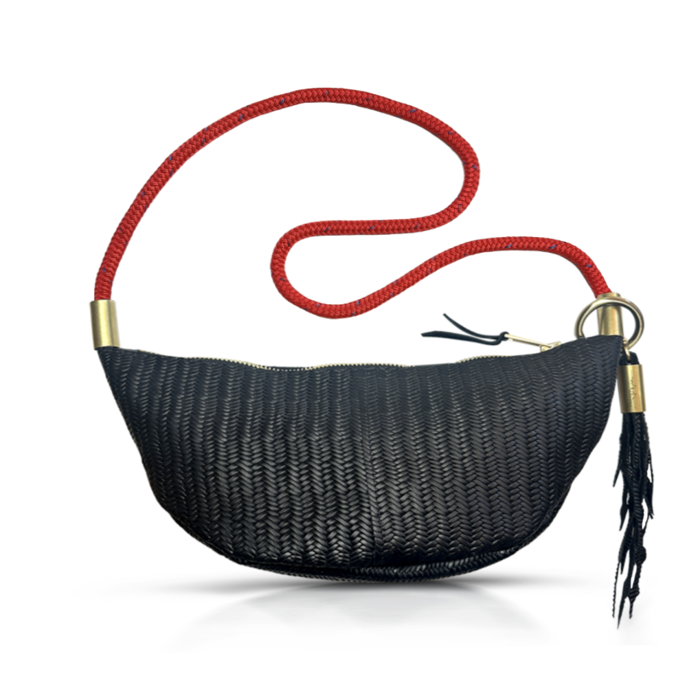 Sling Bag in Black Basketweave Leather