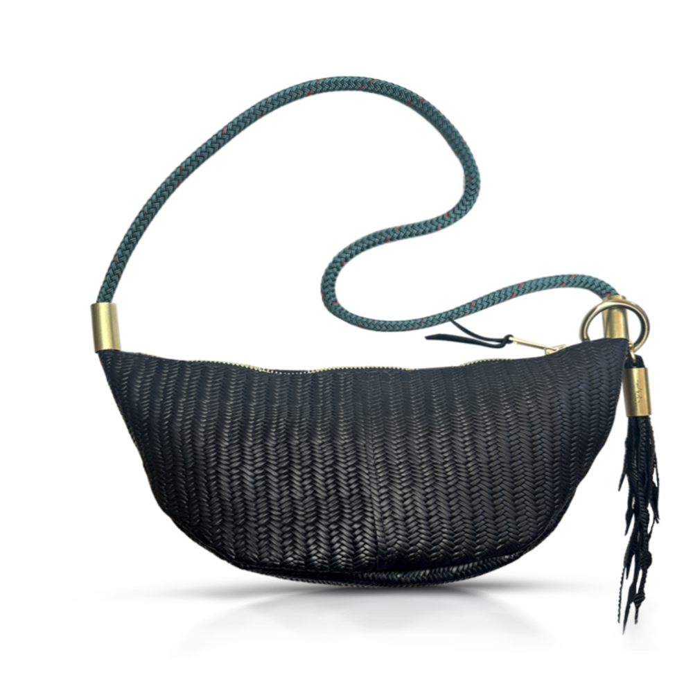 Sling Bag in Black Basketweave Leather