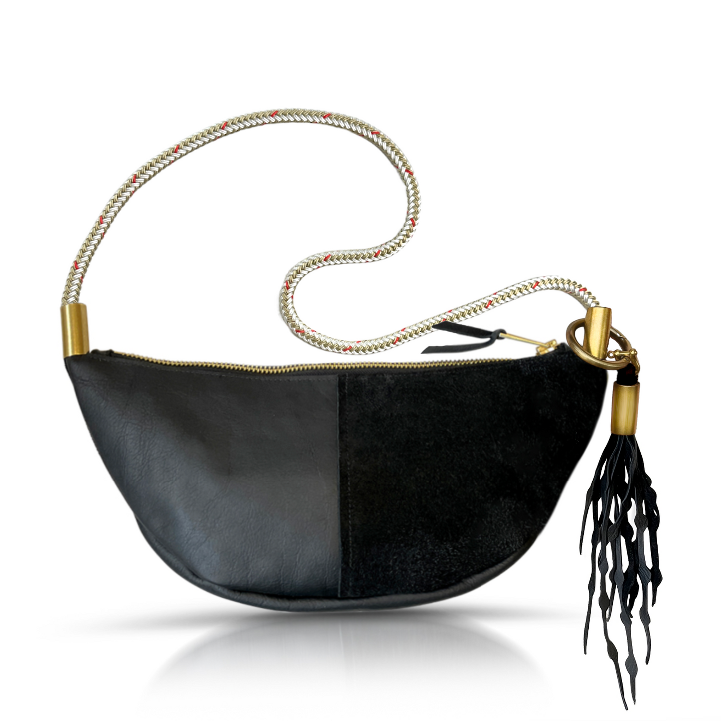 Black Leather Sling Bag with Rope Handle and Seaweed Tassel Wildwood Oyster Co