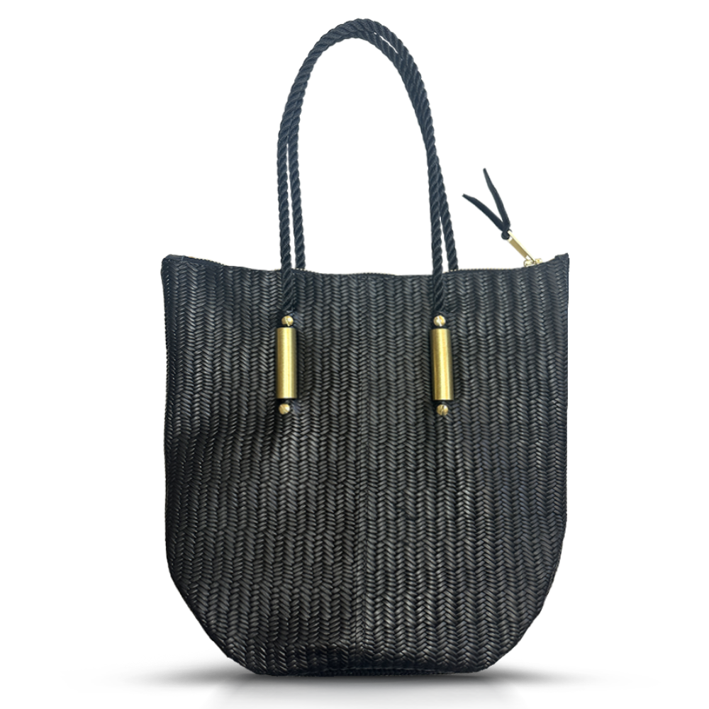Wildwood Oyster Co. Black Basketweave Leather Zip Tote Bag