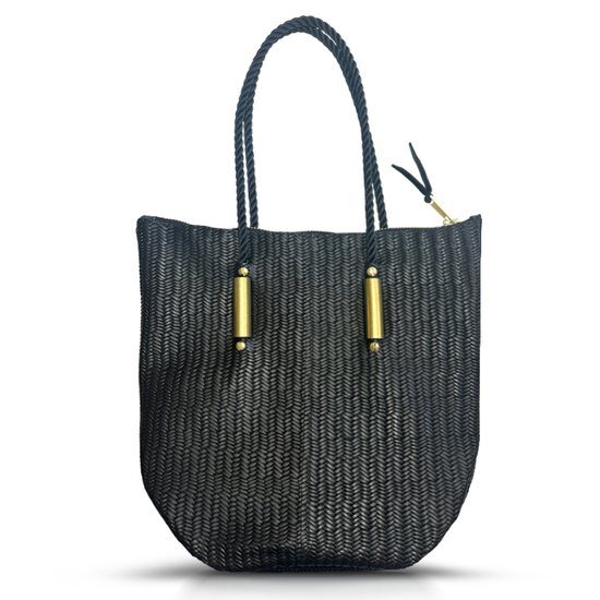 black basketweave leather zip tote bag with black dock line handle