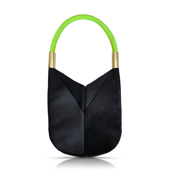 black leather tote with neon yellow dock line