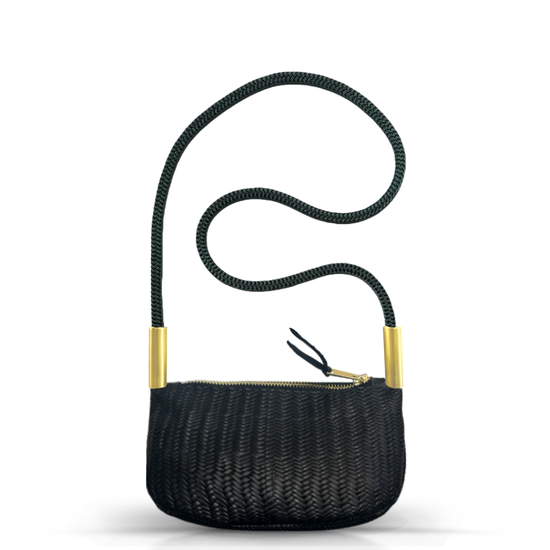 Zip Crossbody in Black Basketweave Leather