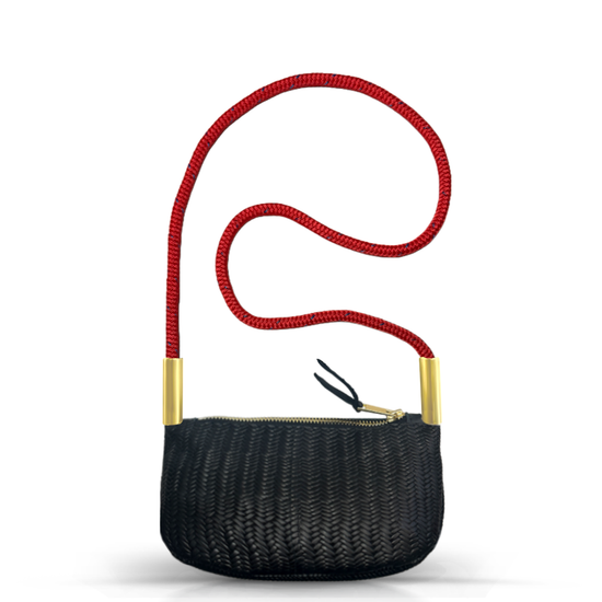 Zip Crossbody in Black Basketweave Leather