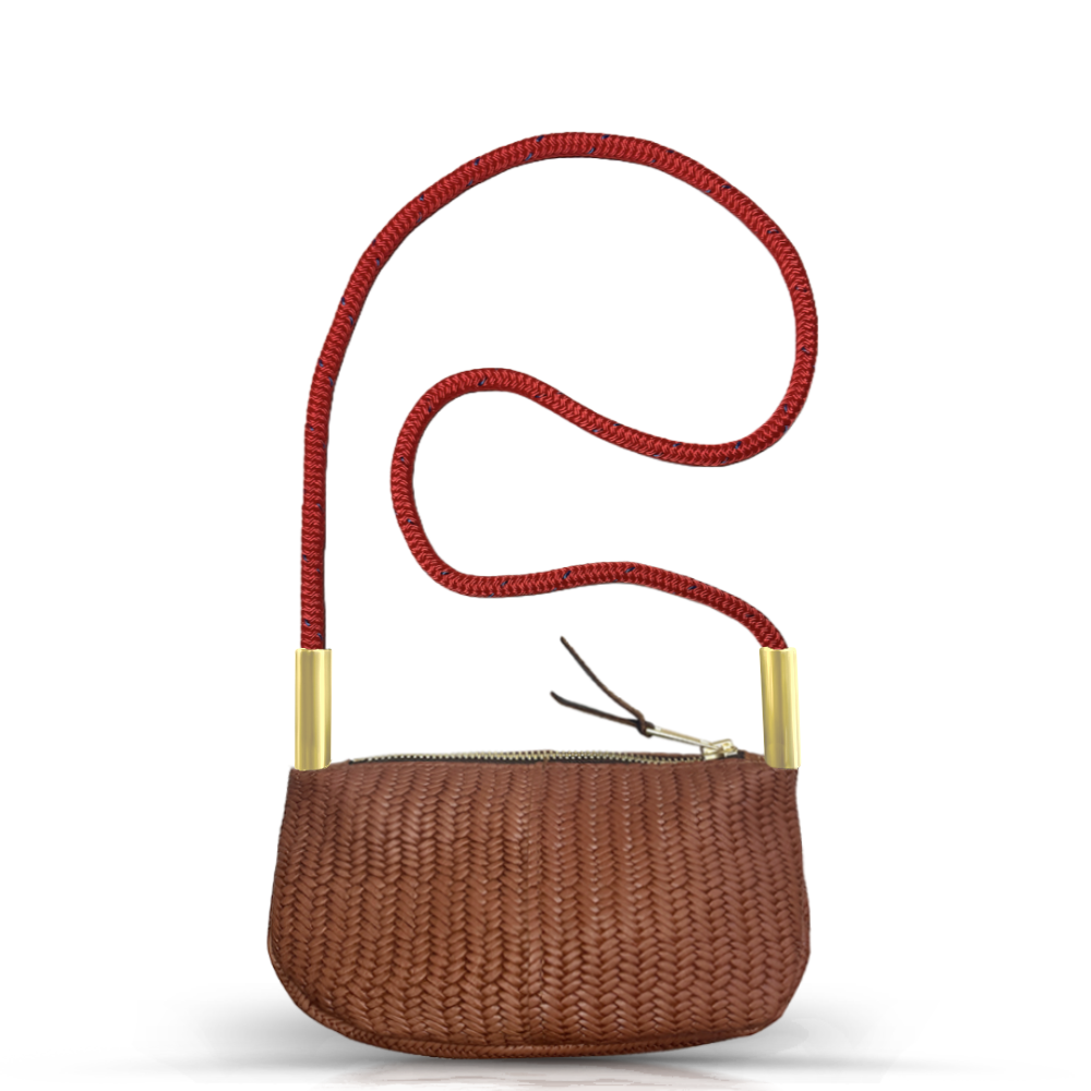 Zip Crossbody in Brown Basketweave Leather