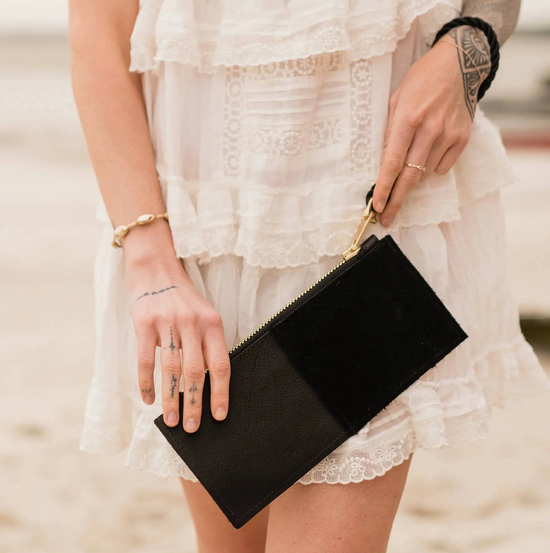 black leather clutch