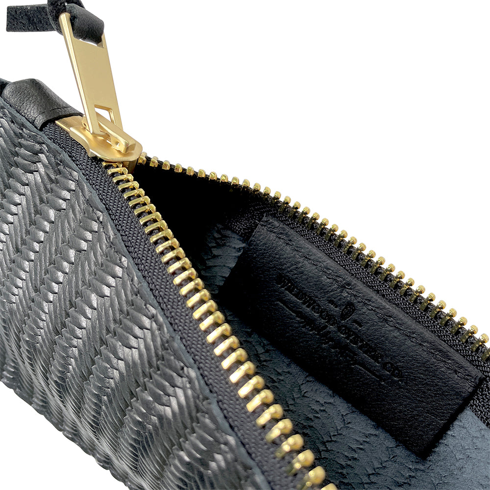 Wildwood Oyster Co. Black Basketweave Leather Clutch with Summer Night Black Wristlet