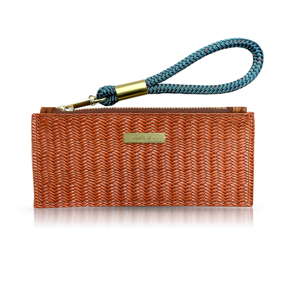 Wildwood Oyster Co. Brown Basketweave Leather Clutch with Seaside Teal Wristlet