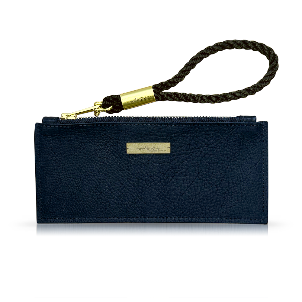 Load image into Gallery viewer, Black Leather Clutch with Chunky Brass Zipper and Summer Night Black Rope Wristlet
