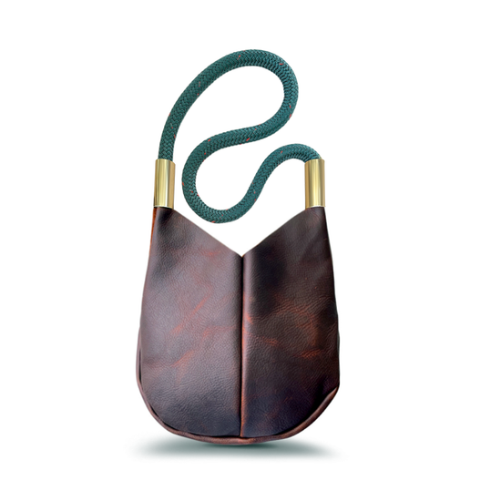 Wildwood Oyster Co. Brown Leather Crossbody Small Tote with Seaside Teal Dock Line and Classic Brass