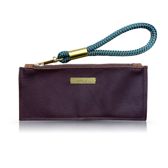 Brown Leather Clutch with Chunky Brass Zipper and Seaside Teal Rope Wristlet