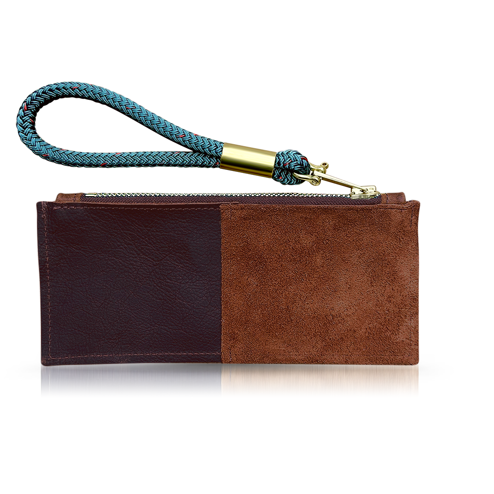 Brown Leather Clutch with Chunky Brass Zipper and Seaside Teal Rope Wristlet