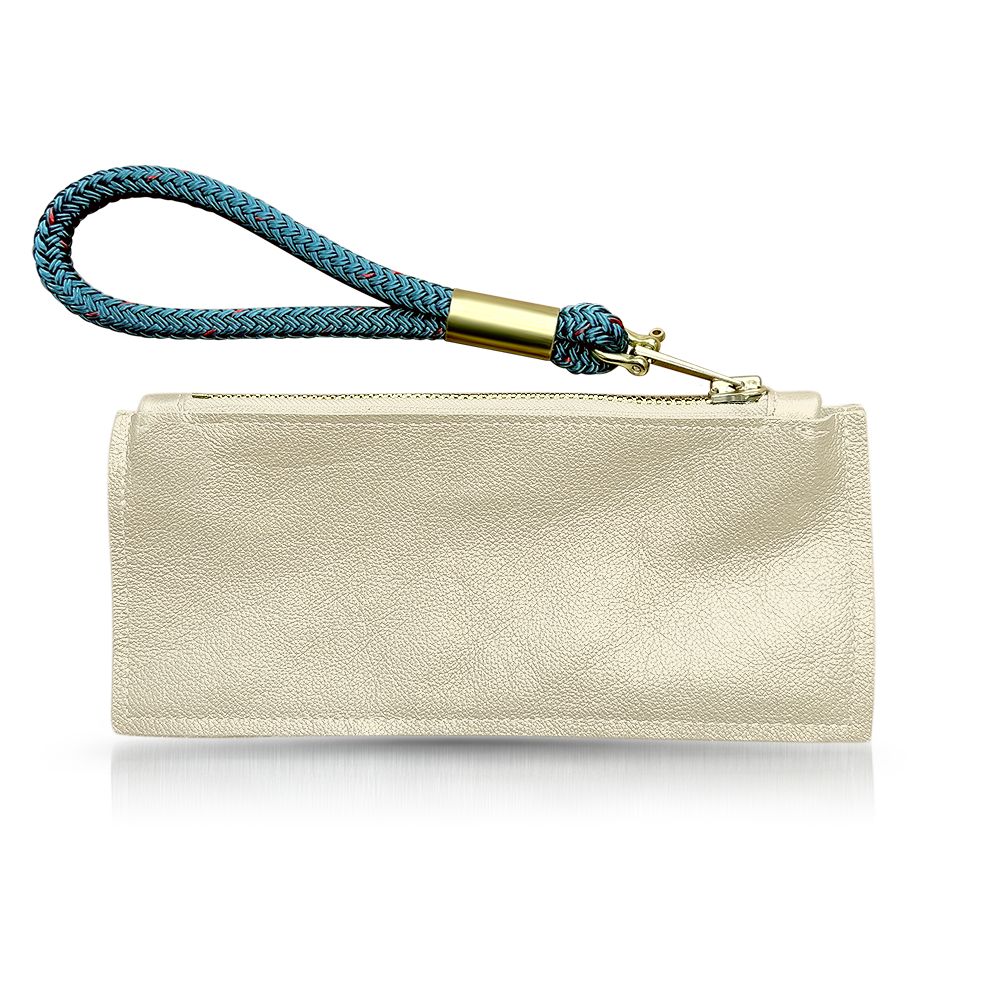 Gold Leather Clutch with Chunky Brass Zipper and Seaside Teal Rope Wristlet