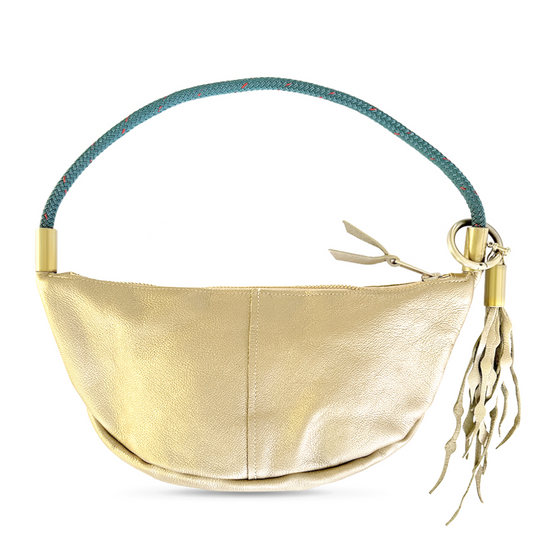 Load image into Gallery viewer, Gold Leather Sling Bag with Dock Line Rope and Seaweed Tassel
