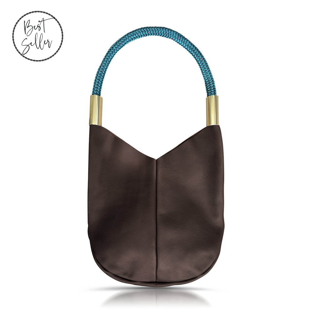 Load image into Gallery viewer, Wildwood Oyster Co. Brown Leather Tote Bag with Seaside Teal Dock Line and Classic Brass
