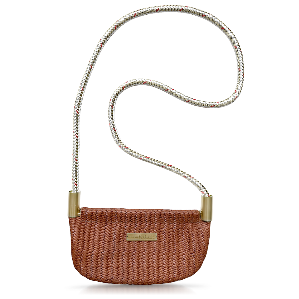 brown basketweave oyster shell bag with gold dock line