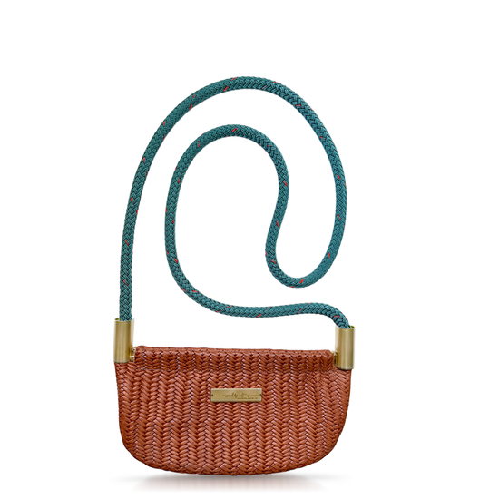 brown basketweave oyster shell bag with teal dock line