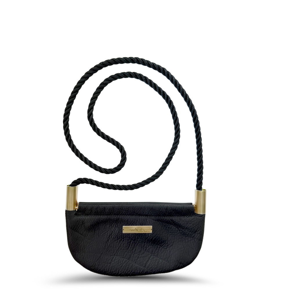 black leather oyster shell bag with black dock line
