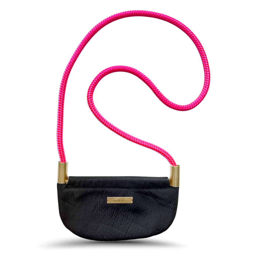 black leather oyster shell bag with neon pink dock line