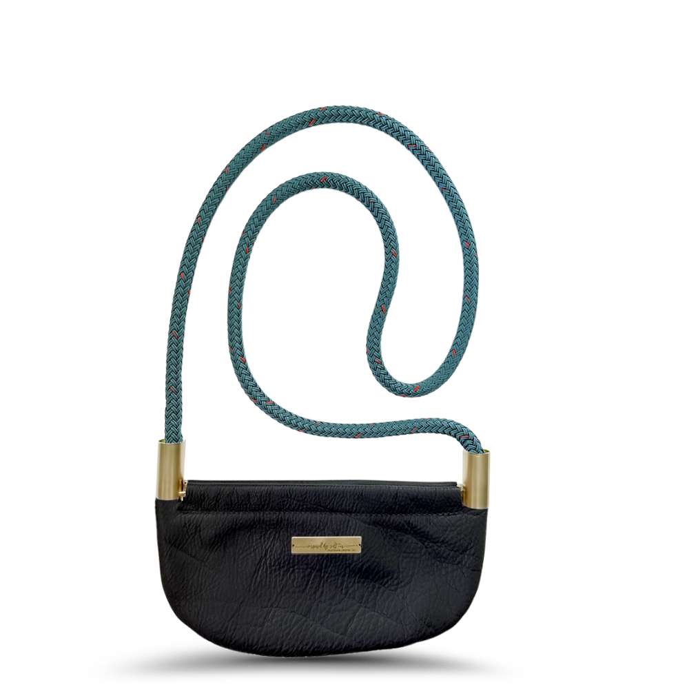 black leather oyster shell bag with teal dock line