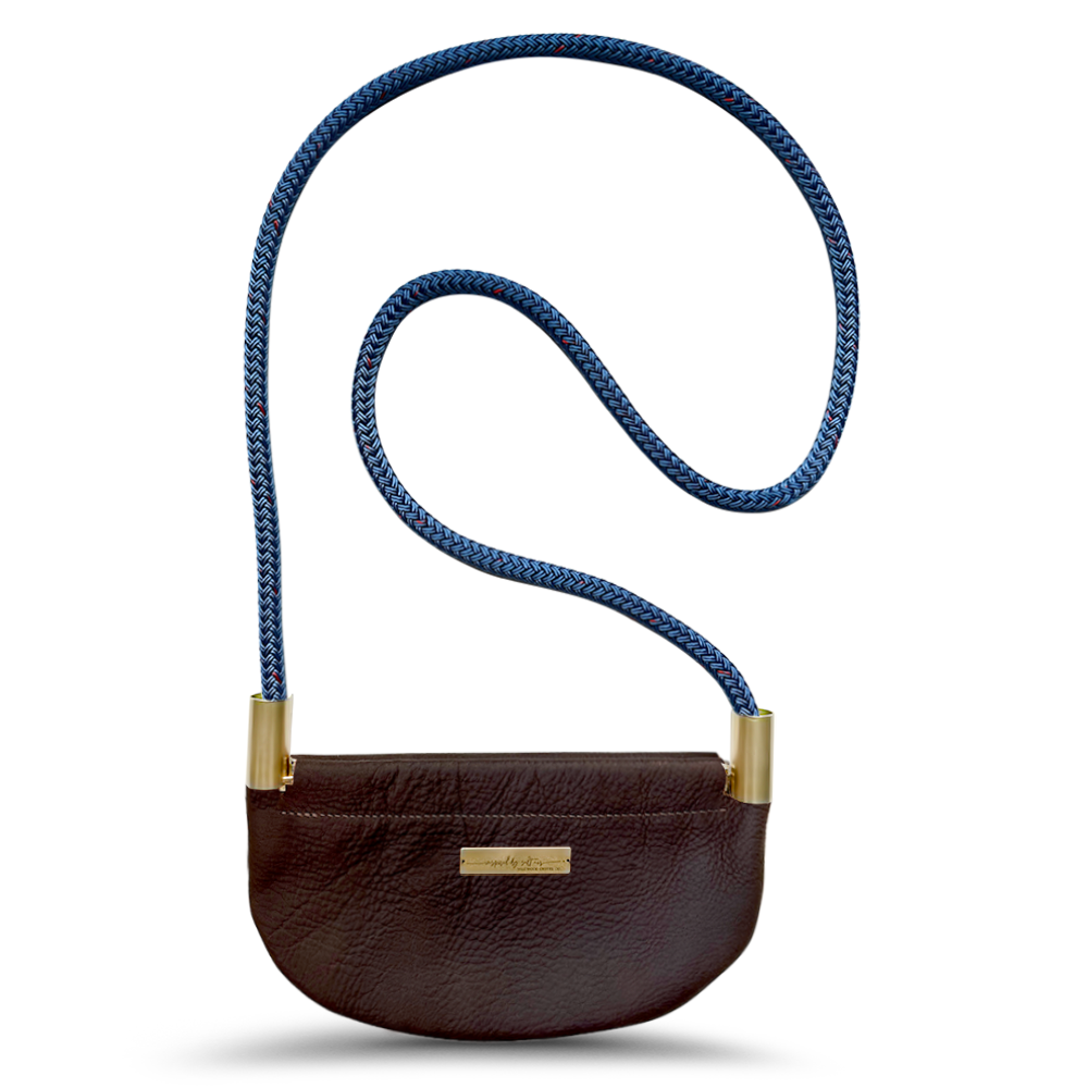 Load image into Gallery viewer, brown leather oyster shell bag with harborside blue dock line
