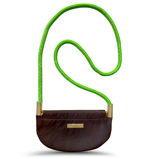 brown leather oyster shell bag with neon green dock line