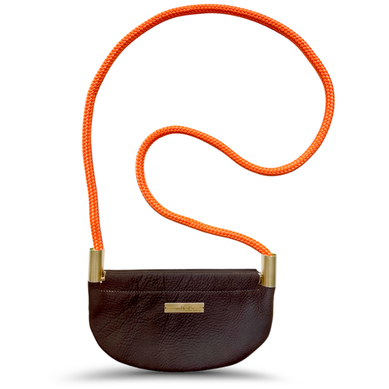 brown leather oyster shell bag with neon orange dock line