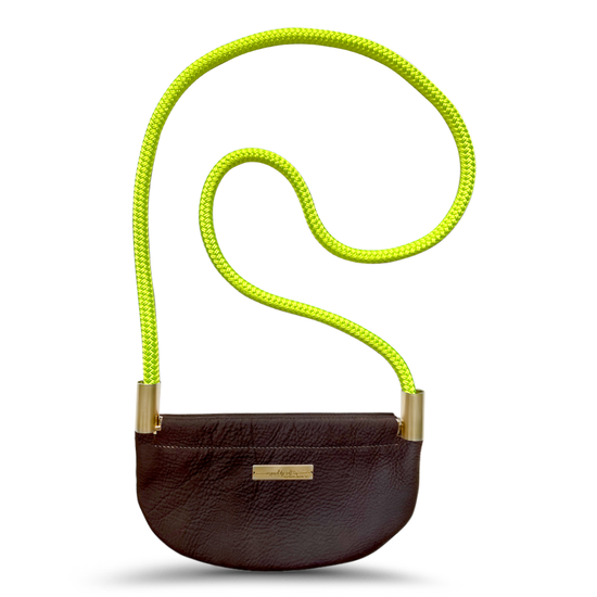 brown leather oyster shell bag with neon yellow dock line