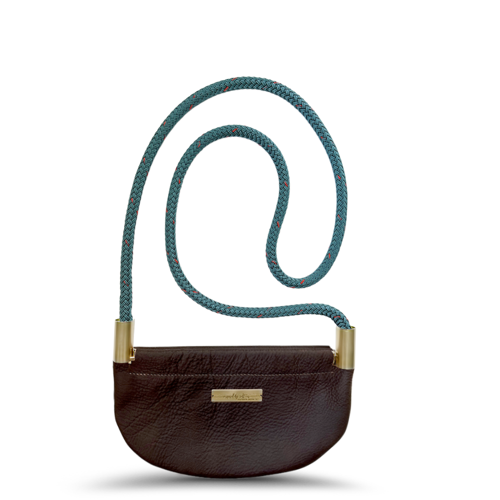 Load image into Gallery viewer, brown leather oyster shell bag with teal dock line
